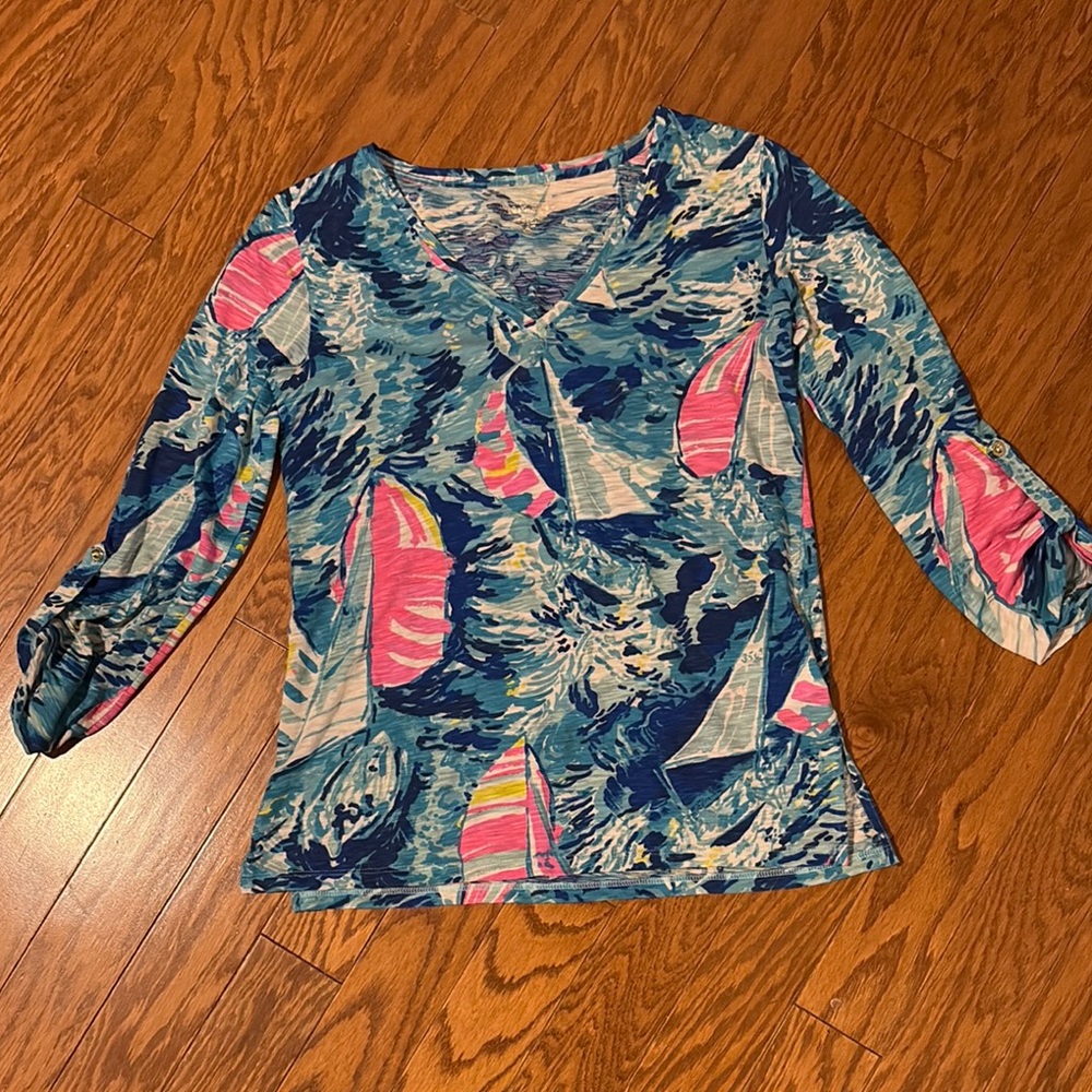 Lilly Pulitzer Sailboat print cotton shirt with Three-Quarter Sleeves